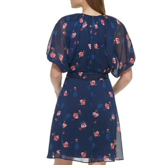 New DKNY Women's (12) Blue and Pink Floral Print Chiffon Fit & Flare Dress $134 - Picture 3 of 12